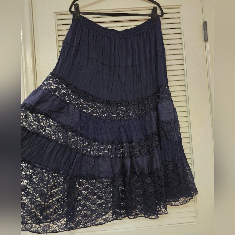 Chaus - (Plus-Size) Vintage Navy Blue Lace Flowly Maxi Skirt W Elastic Waistband